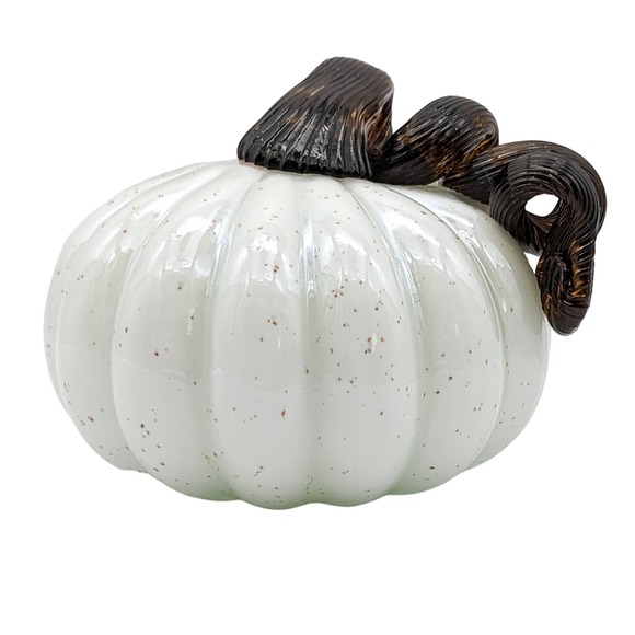 Small Hand Blown Art Glass Pumpkin White Speckled Glass with Dark Brown Stem - Picture 1 of 11